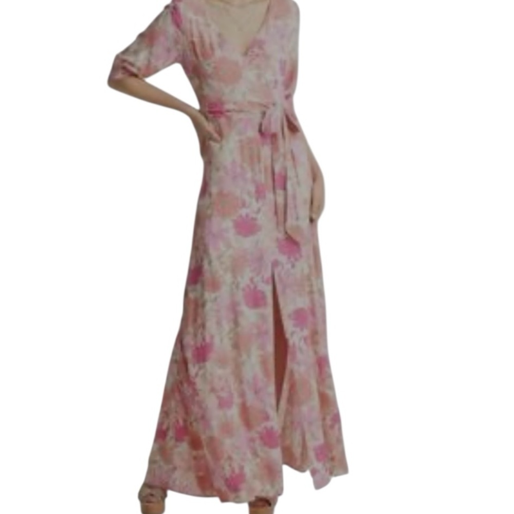 Vici Pink Floral V Neck Half Sleeve A-Line Long Maxi Dress Women’s Large - Picture 2 of 11